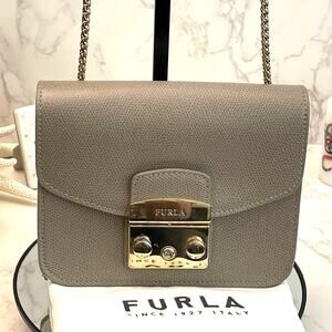 Furla Metropolis Mini Crossbody Bag Textured Ares Leather Taupe Grey EUC
